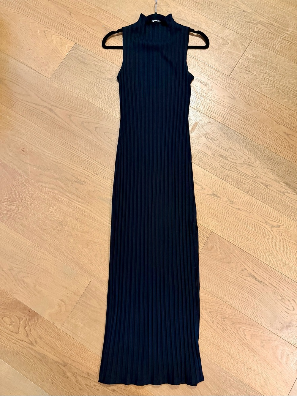 Reformation Black Sleeveless Ribbed Mock Neck Maxi Dress with Leg Slit